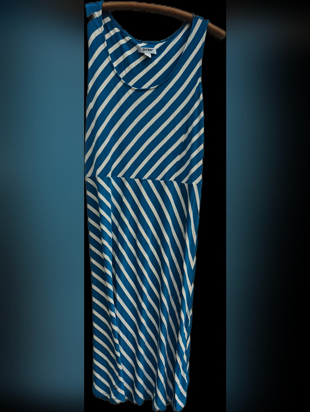 Old Navy Maxi Dress 1X Plus Size Blue White Diagonal Stripe Tank Sleeveless Knit